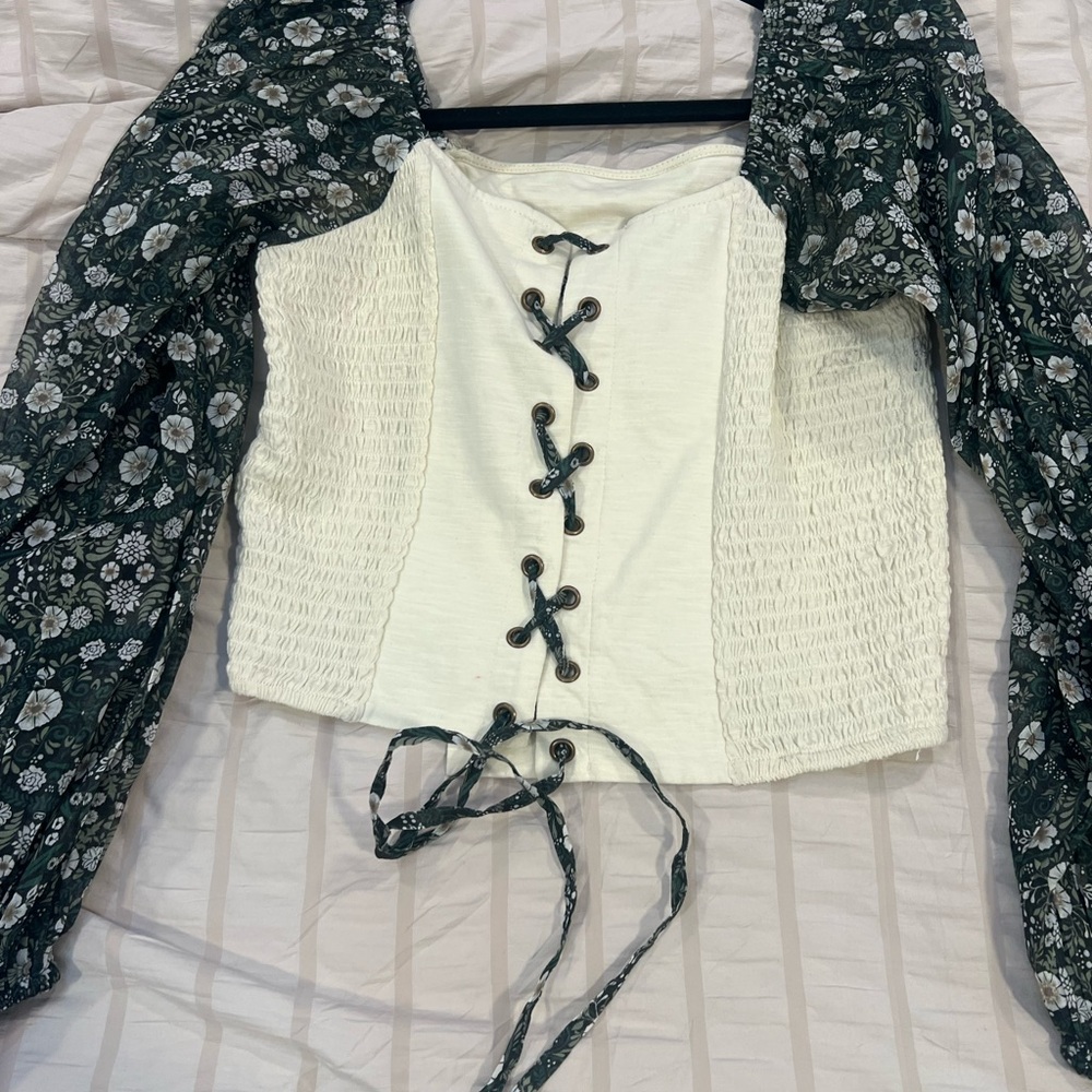 Free People White and Black Floral Lace-Up Blouse